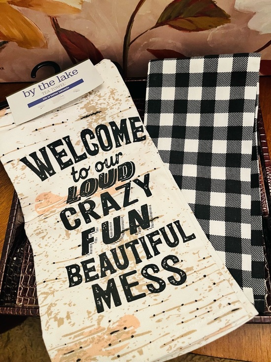 Other - By the Lake Tea Towel Set in Black & Cream & Off-White Colors with Phrase (NWT)